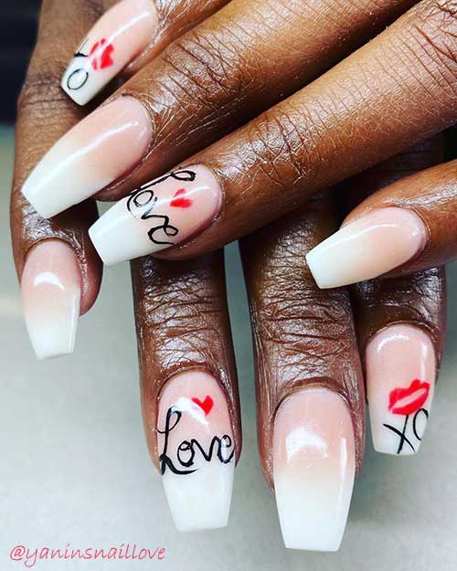 valentine nails 2020 design consists of pink and white ombre dip powder nails adorned with red lips and hearts and word love