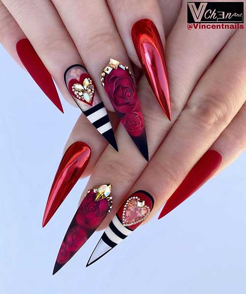 Gorgeous red stiletto valentines day nails 2020 with red chrome nails and red floral nails design