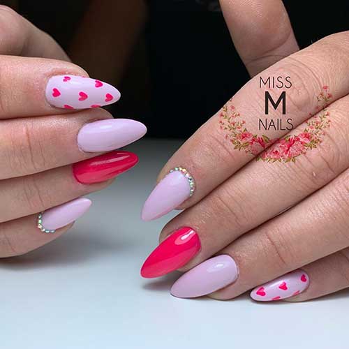 Little Pink Hearts with Playful Stones Valentine Nails - Best Valentine’s Day Nail Art Ideas In 2020