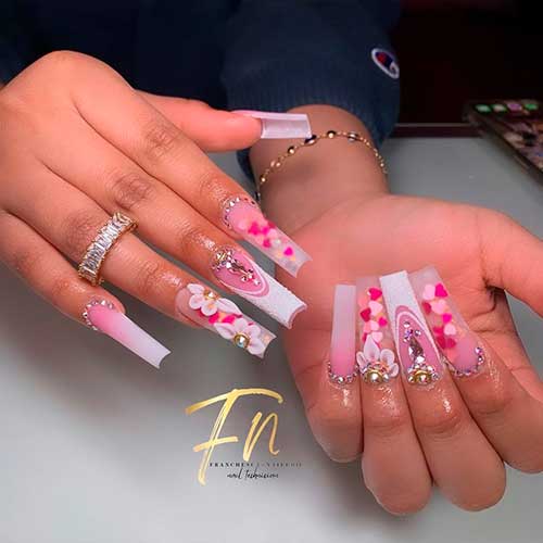 Long Coffin ombre Valentine’s Acrylic Nails 2023 with heart glitter, rhinestones, and 3d flowers