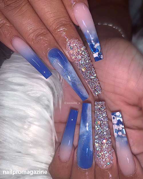 Marbled cloud nail art coffin shaped with accent crystal nail!