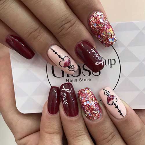 Maroon Love with Glittery Magic Nail Art for valentine's day 2020