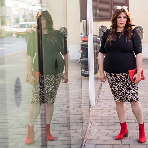 Pencil skirt outfits for plus size idea of plus size leopard print pencil skirt with black top, and red ankle boots