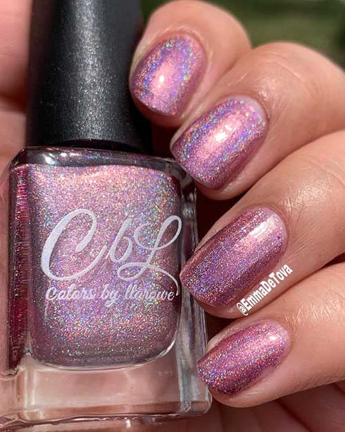 Cute Pink holographic acrylic nails short squoval shaped idea Cute Pink holographic acrylic nails short squoval shaped idea