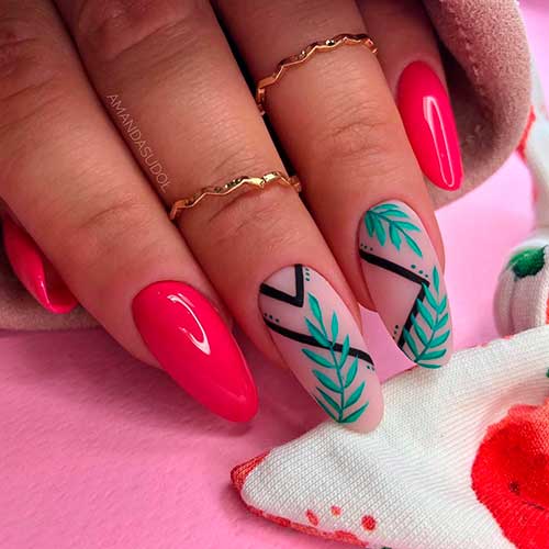 Cute almond shaped red nails in spring with green leaves nails nude colored with black lines design!