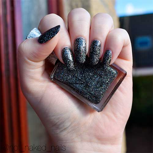 Cute black holographic nails 2020 round shape set