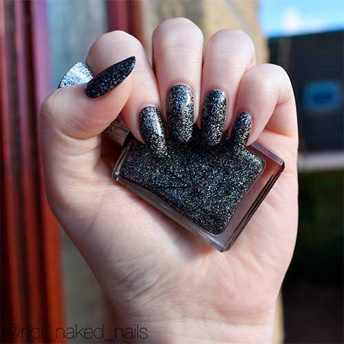 Cute black holographic nails 2020 round shape set Cute black holographic nails 2020 round shape set