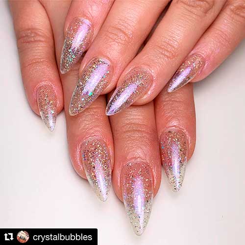 Cute clear holographic glitter nails almond shaped applied with holo powder Cute clear holographic glitter nails almond shaped applied with holo powder