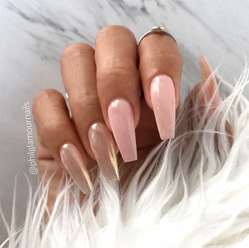 Cute nude nails coffin shaped long with mirrored nail art two accent nails design