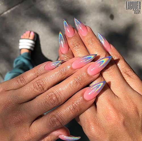 Cute ombre holographic nails stiletto shape in 2020