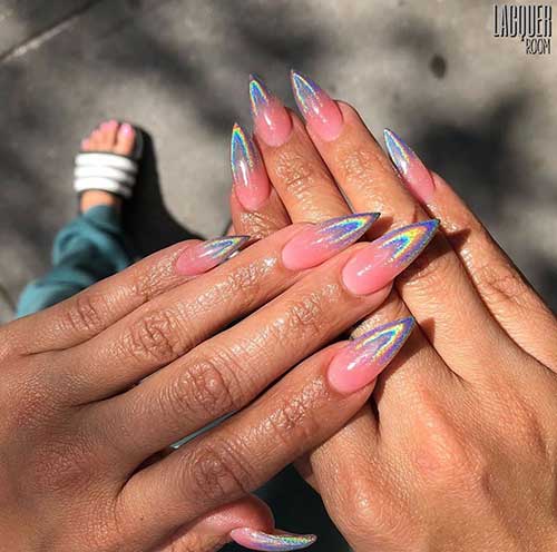 Cute ombre holographic nails stiletto shape in 2020 Cute ombre holographic nails stiletto shape in 2020