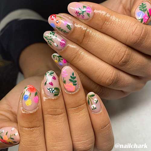 Cute spring flower acrylic nails 2020 which are nude color almond nails shape