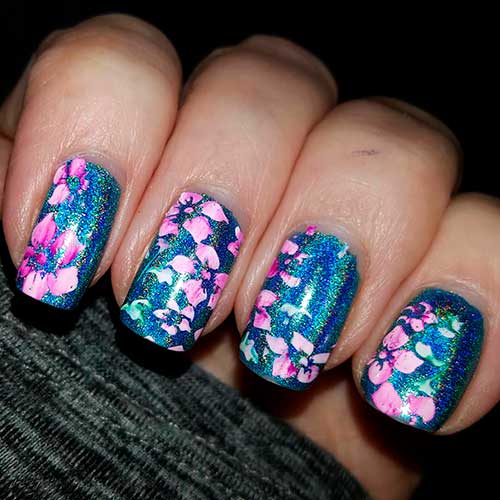 Short Blue Holographic Nails with Pink Flowers