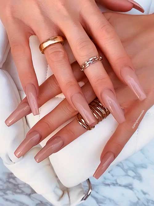Long Glossy Nude Nails Coffin Shaped Design
