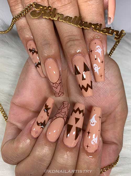 Halloween Themed Nude Coffin Nails Halloween Themed Nude Coffin Nails - Halloween Nails Design