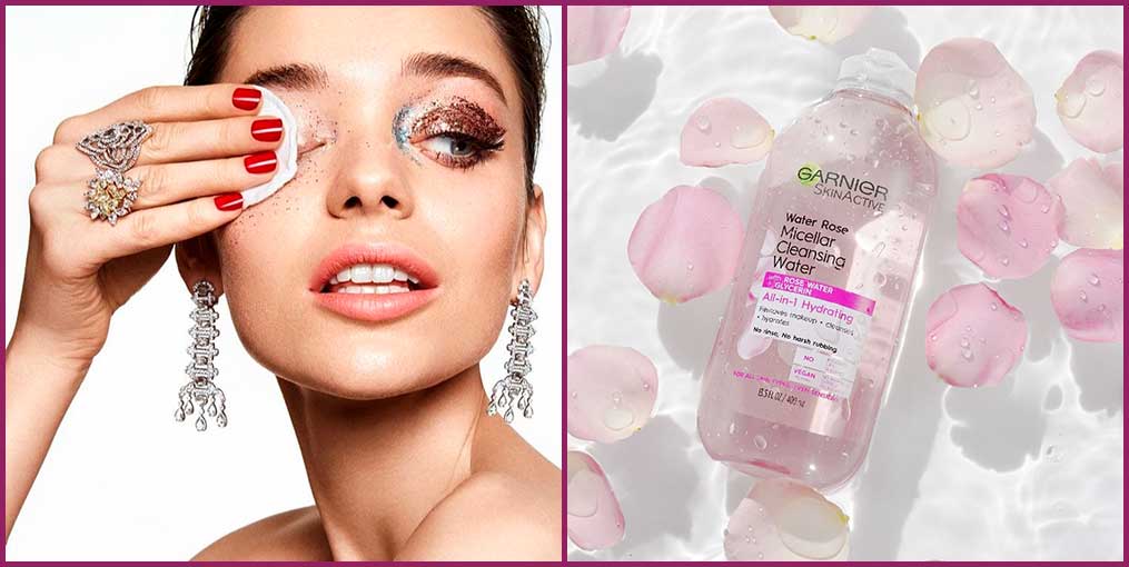 Hyrdrating micellar cleanser water that is a combination of facial cleanser and makeup remover all in one Hyrdrating Garnier Rose Micellar Water that is a combination of facial cleanser and makeup remover all in one