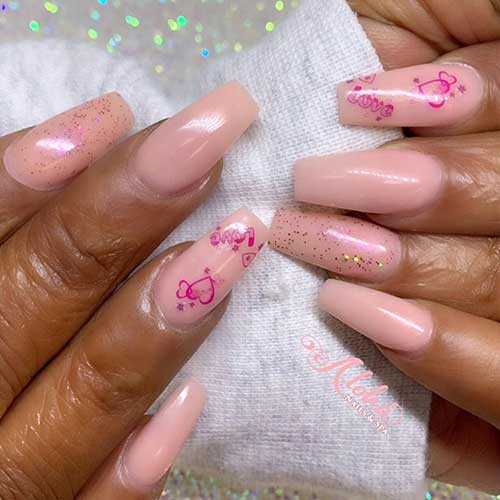 Nude acrylic nails 2020 coffin shaped for valentines day with glitter