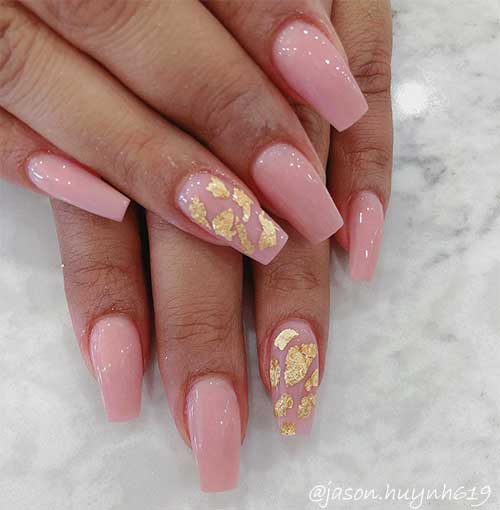 Nude pink coffin nails 2020 with gold foil on middle fingernail