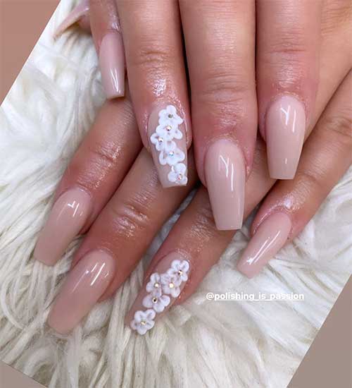 Spring floral nude acrylic nails design with 3d flowers on ring fingernail Spring floral nude acrylic nails design with 3d flowers on ring fingernail