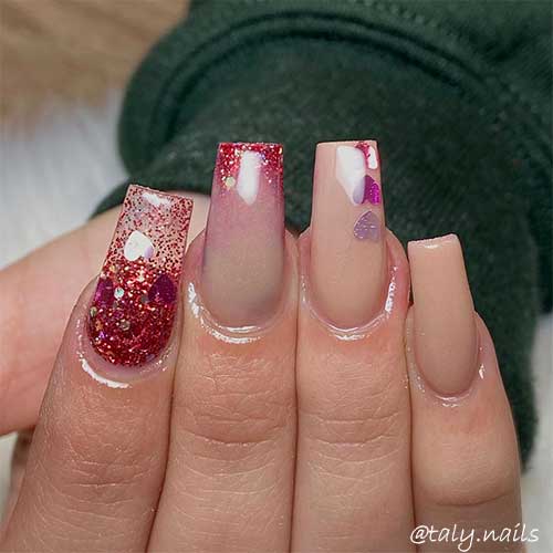 Valentines day nails coffin 2020 nude shade with red glitter and heart glitter flakes Valentines day nails coffin 2020 nude shade with red glitter and heart glitter flakes