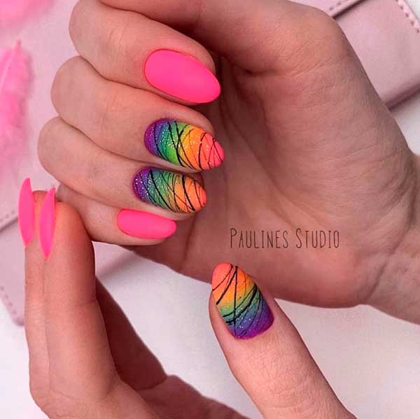Gorgeous bright pink almond nails with colorful almond nails paired with some fine black lines for spring 2020 nail ideas Gorgeous bright pink almond nails with colorful almond nails paired with some fine black lines for spring 2020 nail ideas