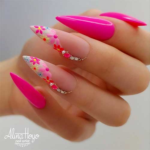 Pink stiletto nails spring 2020 with rhinestones and floral art tips design! Pink stiletto nails spring 2020 with rhinestones and floral art tips design!