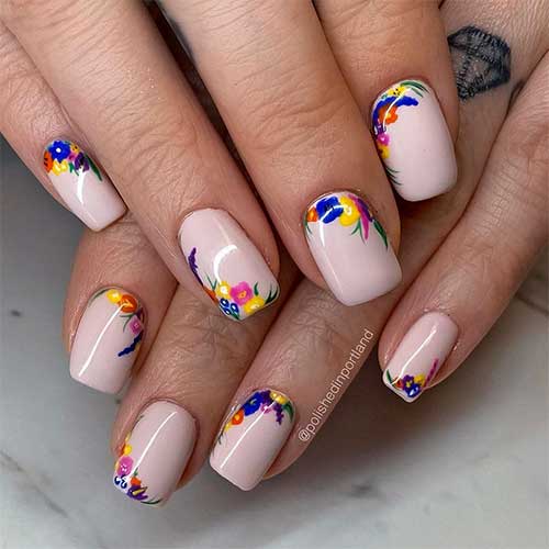 Cute Floral Nail Art Spring Nails Squared Shaped