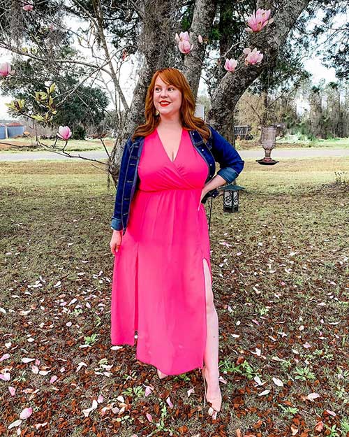 Pink spring long gown with women's denim jean jacket for spring 2020 Pink spring long gown with women's denim jean jacket for spring 2020