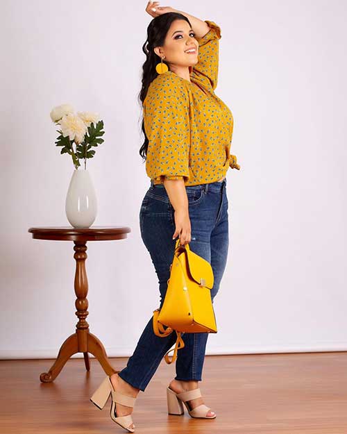 plus size jeans curvy with plus size yellow blouse for spring 2020