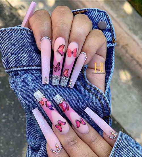 Coffin shaped pink butterfly acrylic nails 2020 set for spring time!