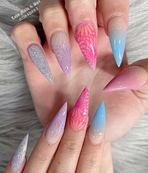 Mixed color ombre nails 2020 stiletto shaped with silver glitter accent nail for summer 2020