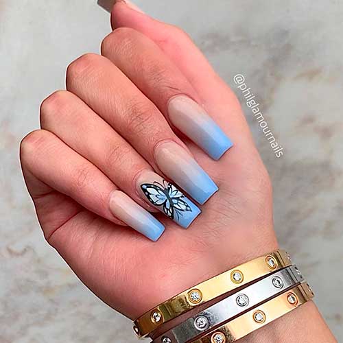 Cute summer baby blue ombre nails 2020 square shaped with accent nail butterfly design! Cute summer baby blue ombre nails 2020 square shaped with accent nail butterfly design!