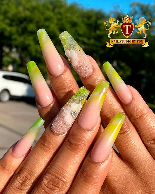 Cute summer lime green ombre nails 2020 coffin shaped with glitter accent nail adorned with 3d flower! Cute summer lime green ombre nails 2020 coffin shaped with glitter accent nail adorned with 3d flower!