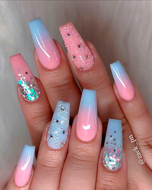 Cute summer pink and blue ombre nails 2020 with two accent nails that adorned with glitter and rhinestones!