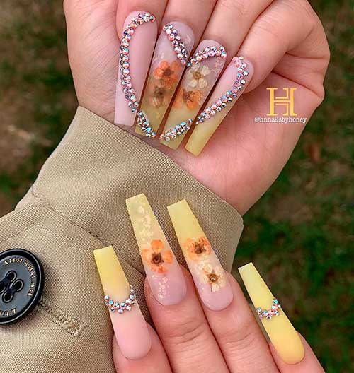 Cute matte yellow ombre and floral nails 2020 with rhinestones design!
