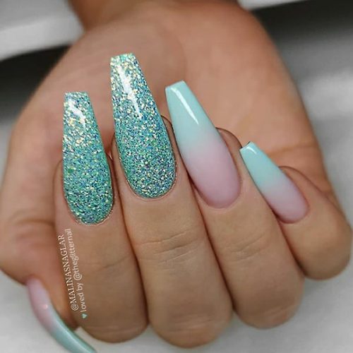Cute summer mint green ombre nails 2020 coffin shaped with glitter two accent nails Design