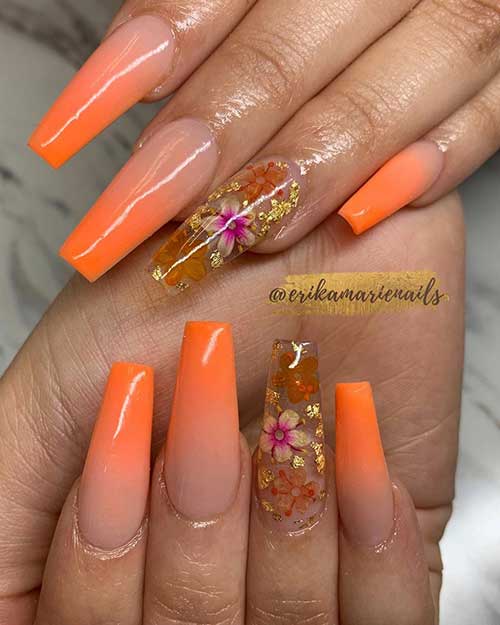 Cute summer ombre orange nails 2020 coffin shaped with floral clear accent nail design for summer 2020