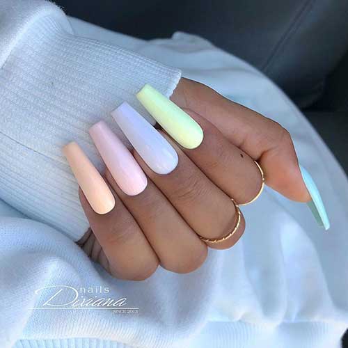 Elegant long coffin multicolor nails pastel for spring 2020!