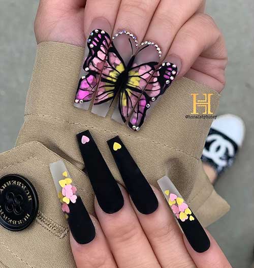 Gorgeous coffin clear butterfly nails with black matte nails with rhinestones and Gold , pink, purple hearts glitter design!