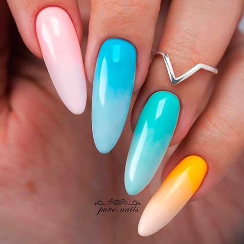 Gorgeous mixed color ombre nails 2020 that consists of colorful ombre acrylic nails almond shaped!