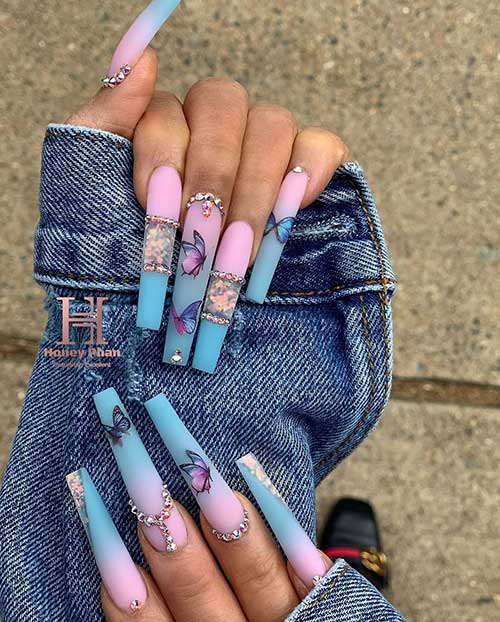 Gorgeous matte blue ombre butterfly nails 2020 set! Gorgeous matte blue ombre butterfly nails 2020 set!