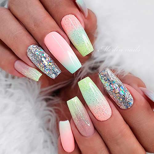 Gorgeous summer mixed color ombre nails 2020 coffin shaped with glitter design!