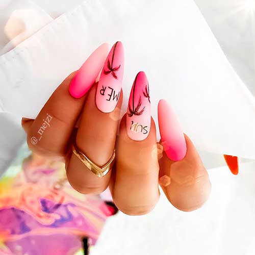 Gorgeous summer pink ombre nails 2020 almond shaped with two palm accent nails design! Gorgeous summer pink ombre nails 2020 almond shaped with two palm accent nails design!