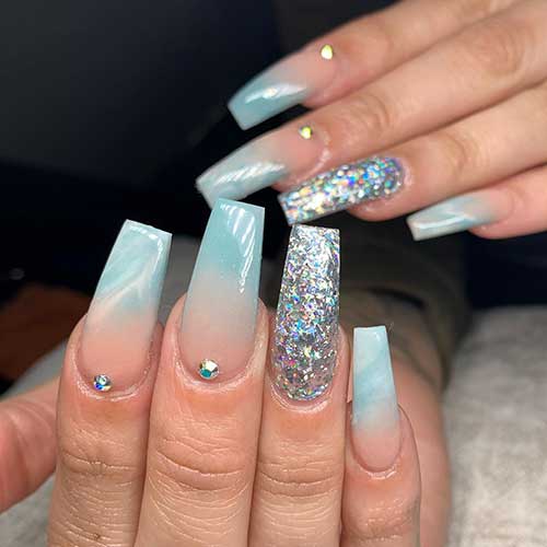 Cute marble light blue ombre nails 2020 coffin shaped with glitter accent nail silver and rhinestones for summer 2020