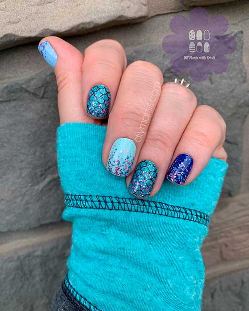 One of the best mermaid brigade color street combos that consists of Greeking Out, Aspen Sky, Chilladelphia, Mermaid Brigade, and Less Bitter, More Glitter nail strips!