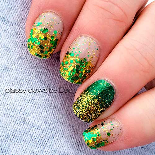 Gold Glittery Color Street Nails Combo consists of total celt-down, golden girly, and clover and out