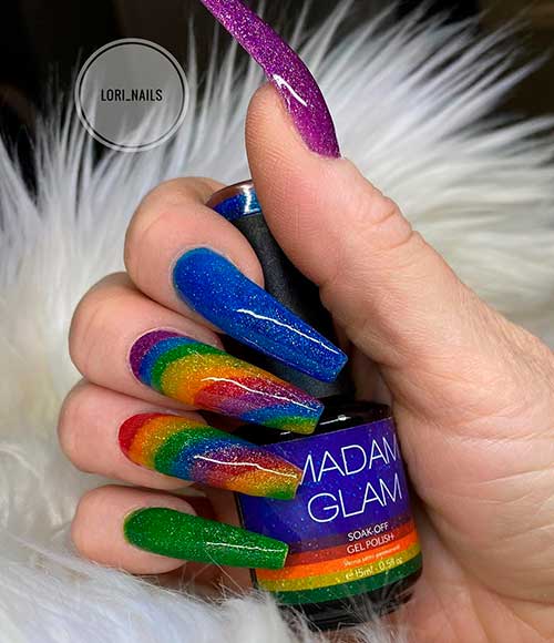 Cute colorful glitter coffin nails long with two accent glitter rainbow nails coffin shape design!