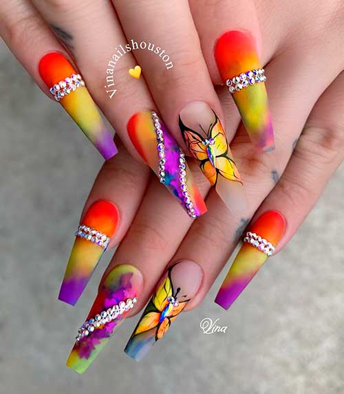Cute matte colorful long coffin nails with silver rhinestones design!