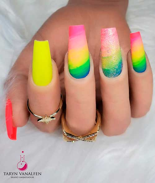 Cute neon rainbow coffin nails design!