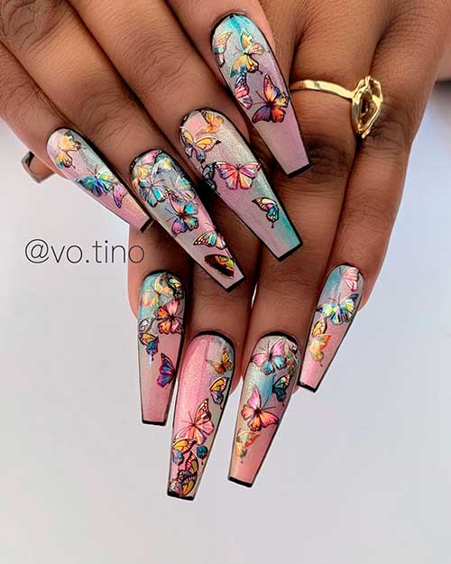 Gorgeous butterfly coffin shaped nails design!